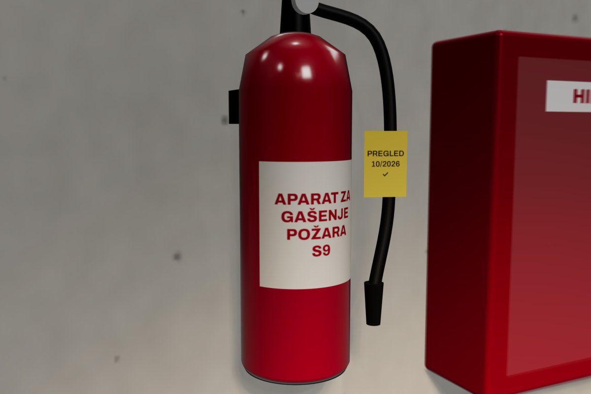 Aparat za gašenje požara sa nalepnicom o pregledu i hidrantski ormar